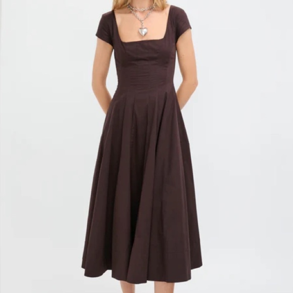 STAUD Earth Short Sleeve Wells Dress - Size 2, Chocolate Brown